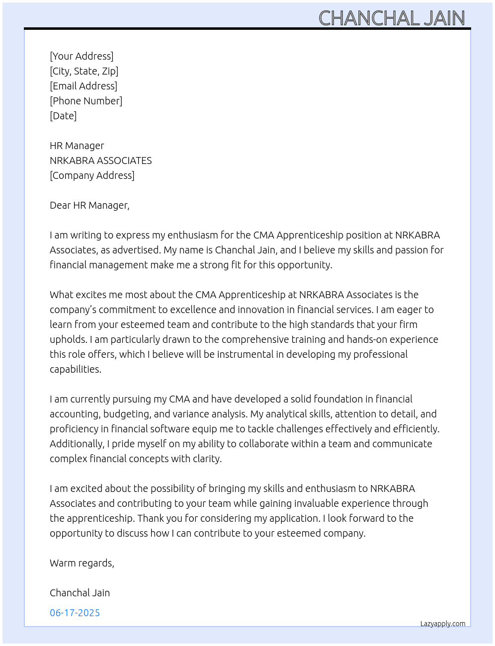 cma articeship At 	NRKABRAASSOCIATES@GMAIL.COM Cover Letter