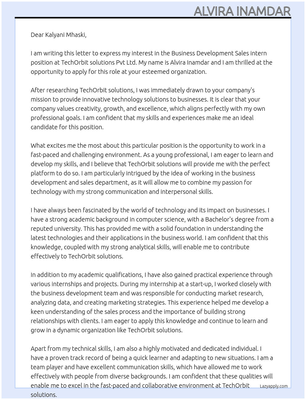 Business Development Sales intern At TechOrbit solutions Pvt Ltd  Cover Letter