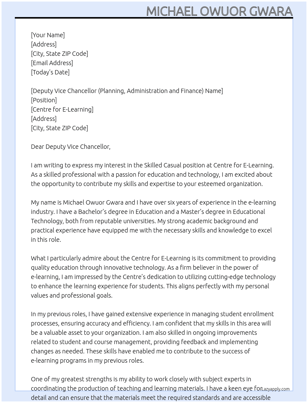 Skilled Casual At Centre For E-Learning Cover Letter