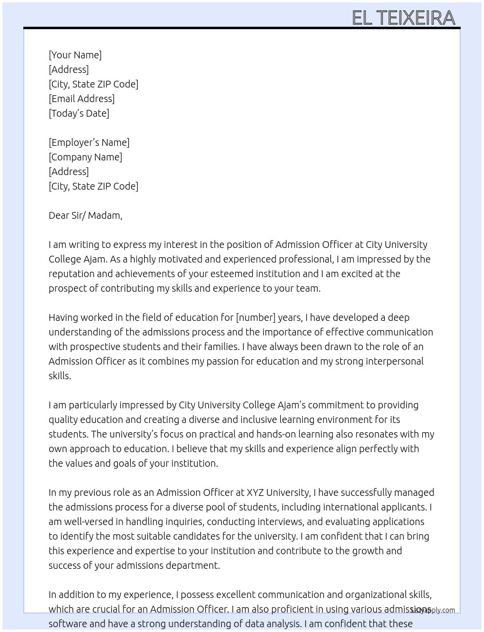 Admission Officer  At City University College Ajam  Cover Letter