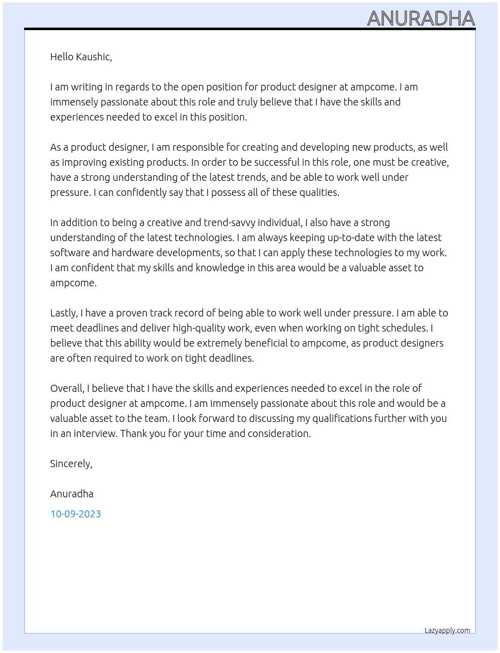 Product designer At ampcome Cover Letter