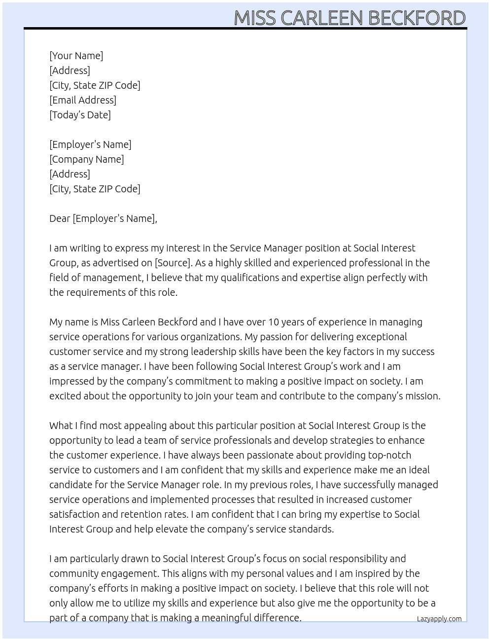 Service Manager At Social Interest Group Cover Letter