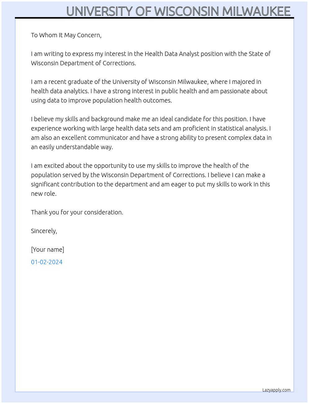 Health Data Analyst  At State of Wisconsin Department of Corrections  Cover Letter