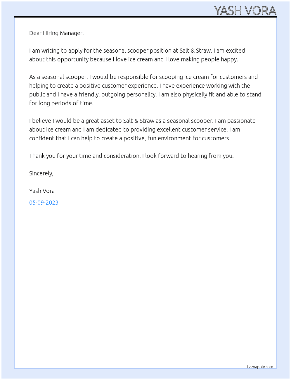 Seasonal Scooper At Salt & Straw Cover Letter