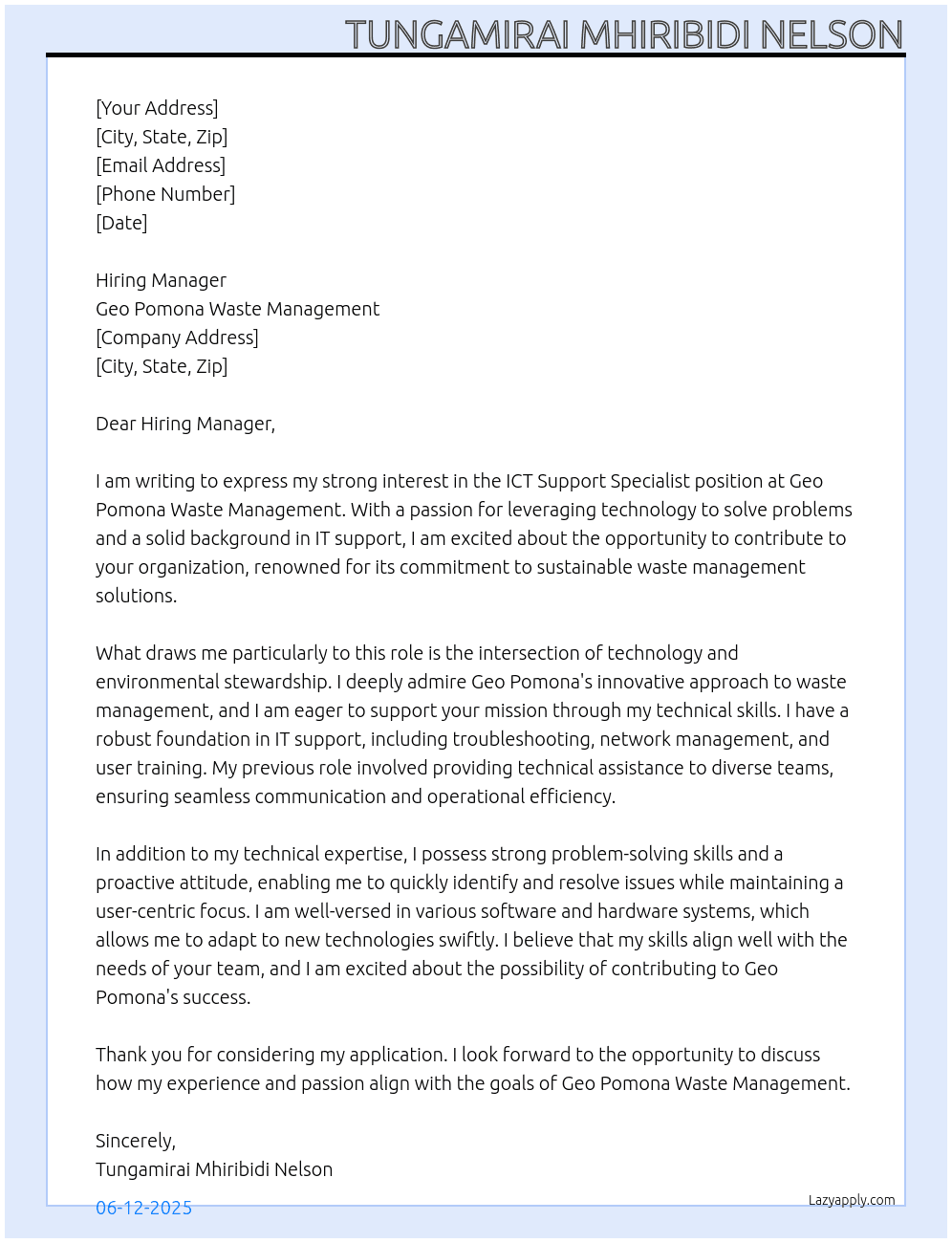 ICT Support Specialist At Geo Pomona Waste Management Cover Letter