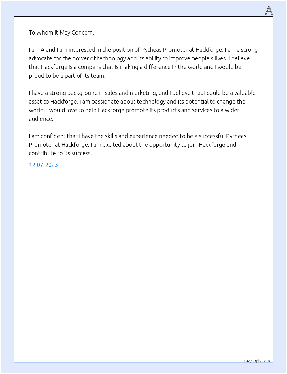 Pytheas Promoter At Hackforge Cover Letter