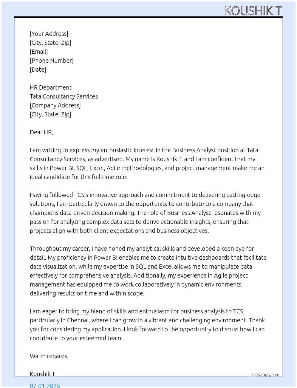 Business Analyst At Tata consultancy Services Cover Letter