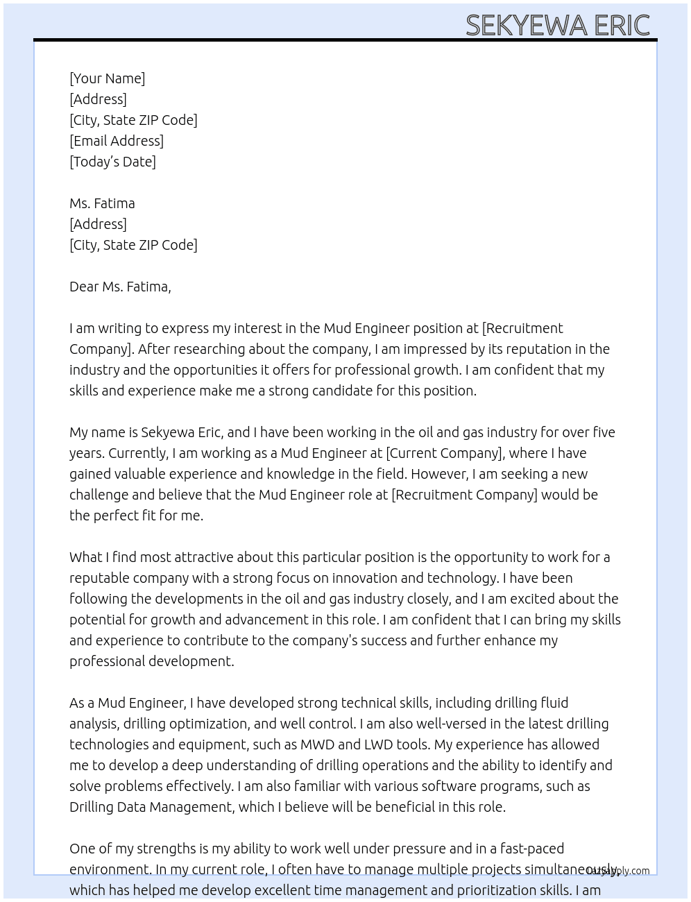 Mud engineer  At Recruitment company  Cover Letter