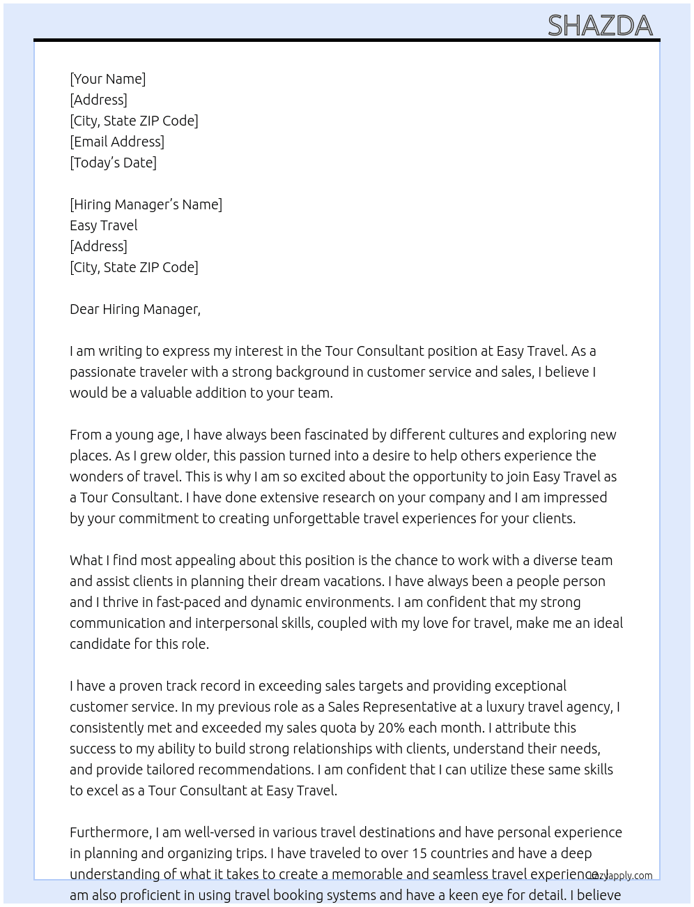 Tour consultant  At Easy travel  Cover Letter