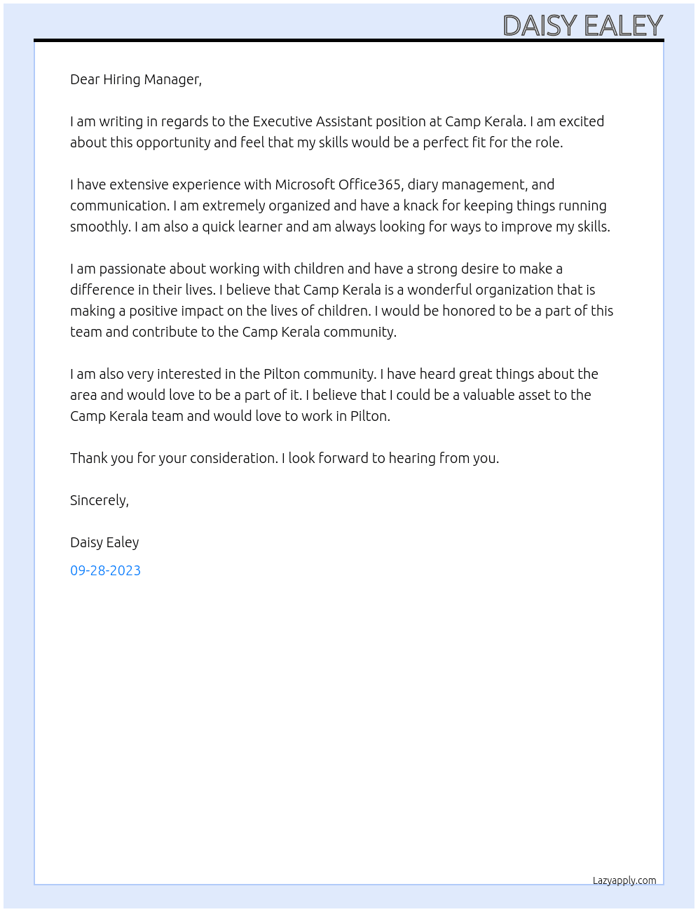 Executive assistant  At Camp Kerala Cover Letter