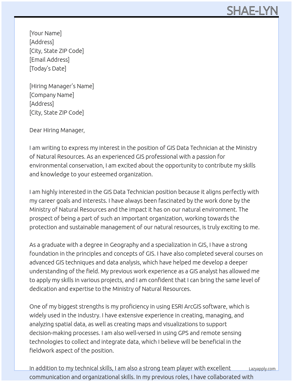 GIS data technician  At Ministry of Natural Resources  Cover Letter