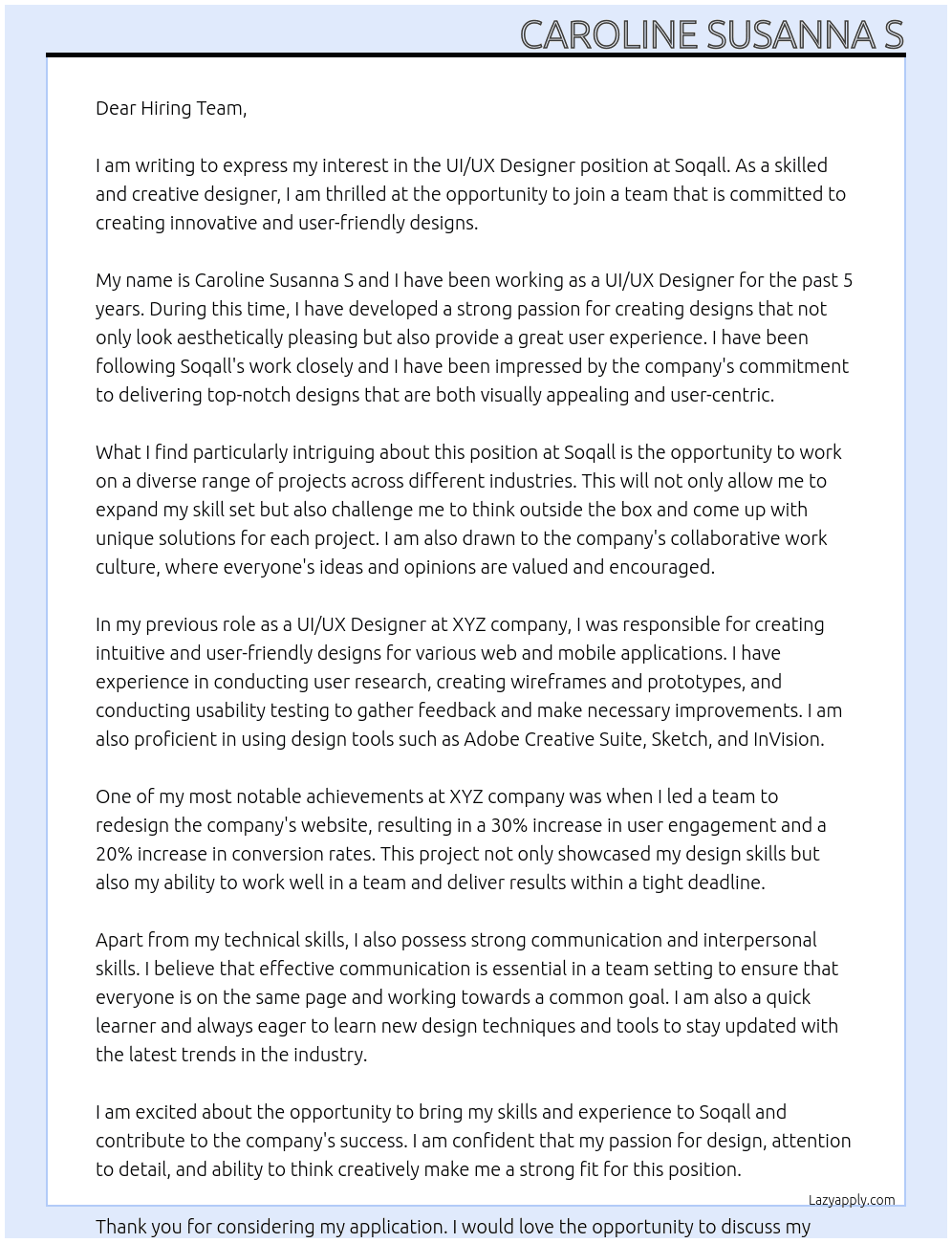 UI/UX Designer At Soqall Cover Letter