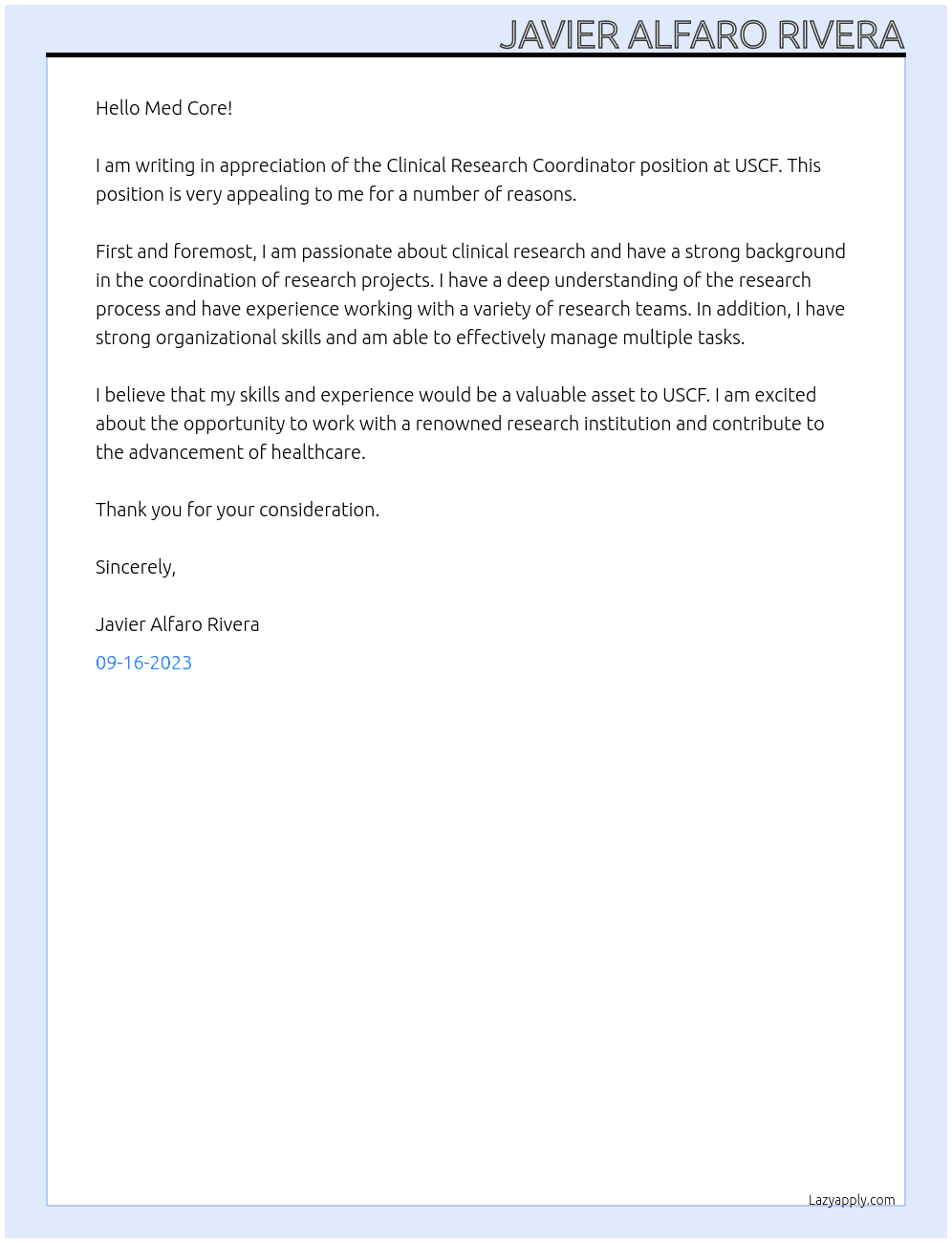 Clinical Research Coordinator At USCF Cover Letter