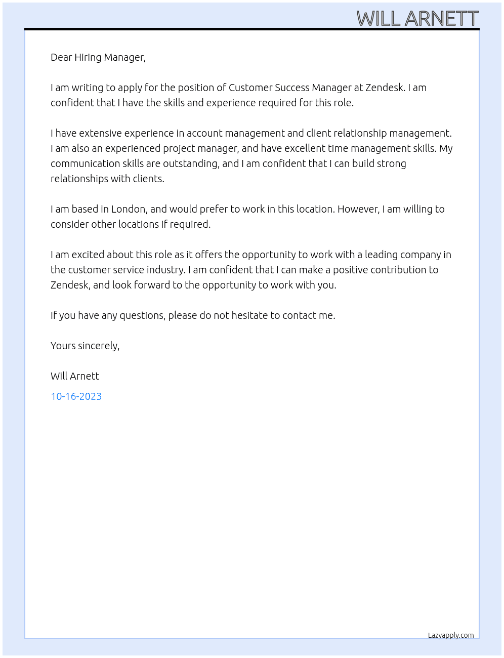Customer Success Manager At Zendesk Cover Letter