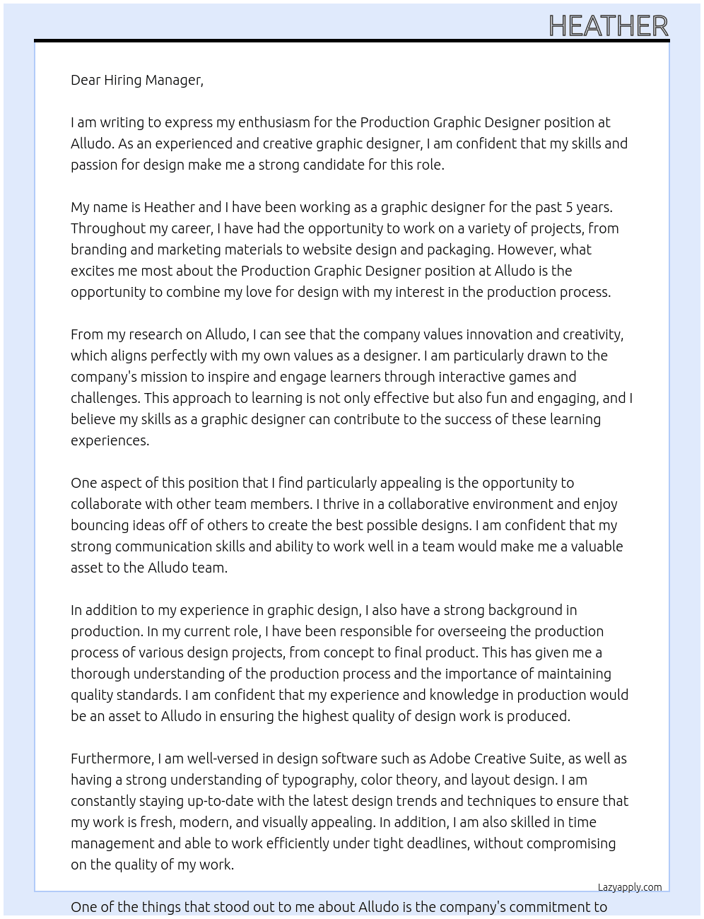 Production Graphic Designer At Alludo Cover Letter