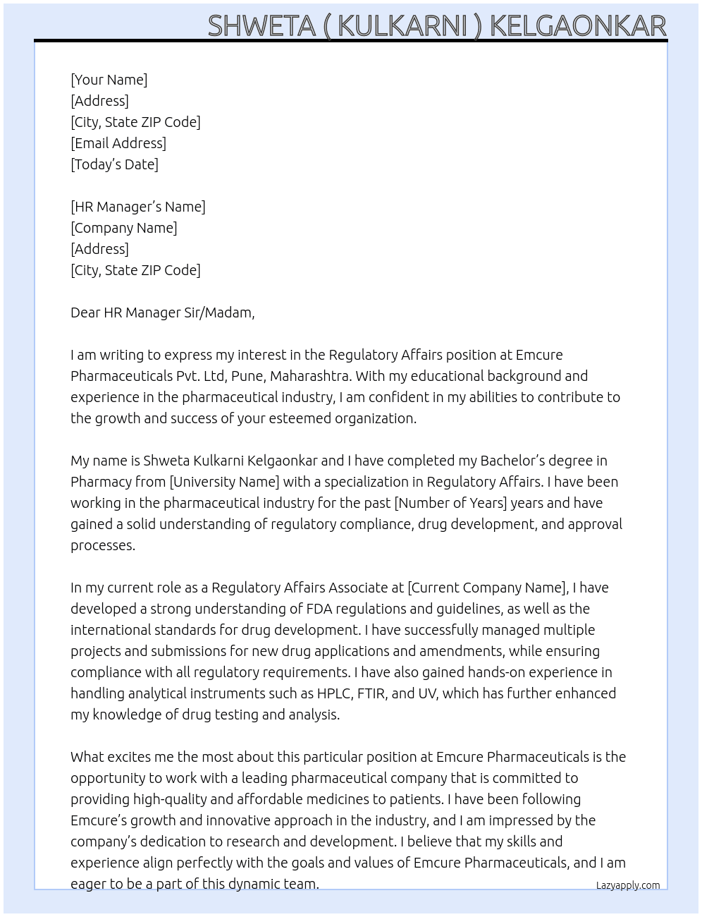 Regulatory Affairs  At Emcure Pharmaceuticals Pvt. Ltd , Pune Maharshtra Cover Letter