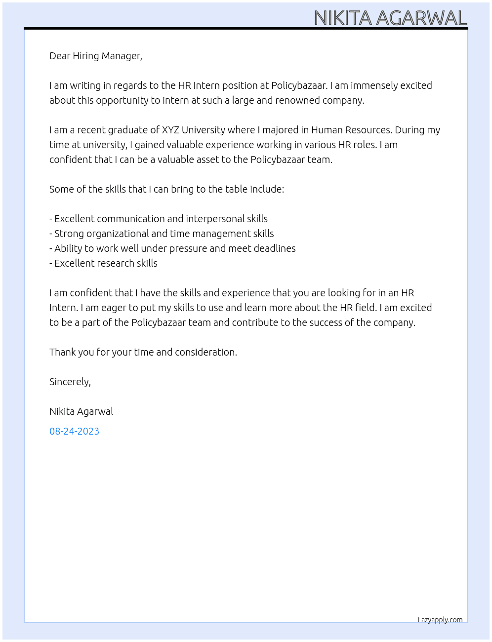 HR Intern At Policybazaar Cover Letter