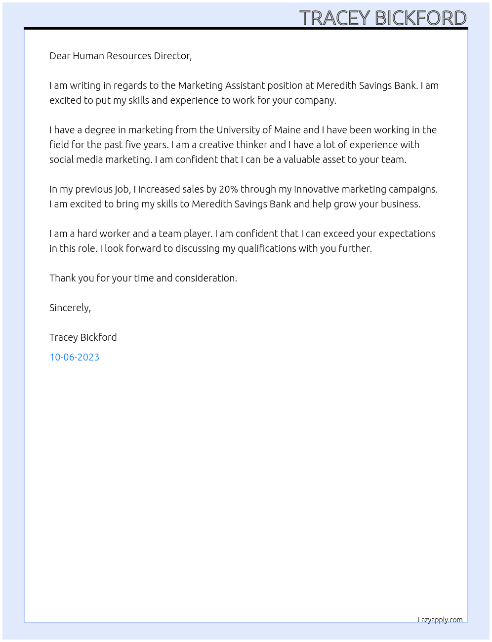 Marketing Assistant At Meredith Savings Bank Cover Letter