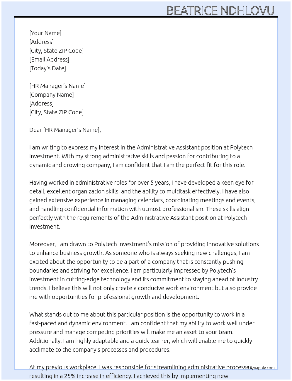 Administrative assistant  At Polytech investment  Cover Letter