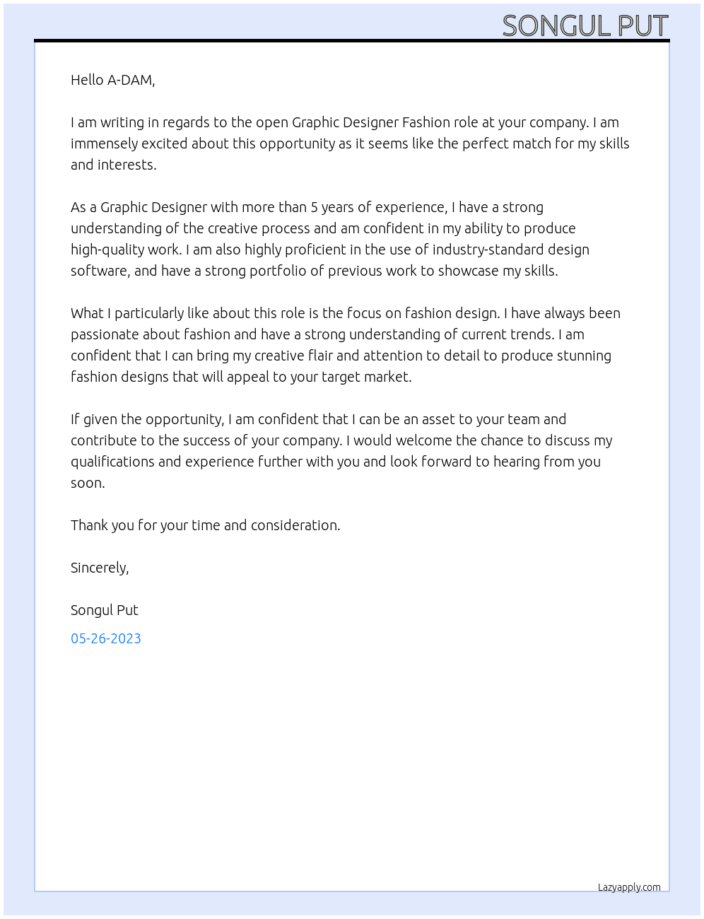 Graphic Designer Fashion At A-DAM Cover Letter
