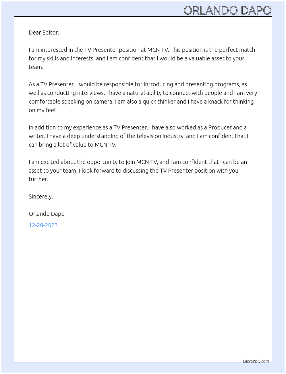 TV Presenter At MCN TV Cover Letter