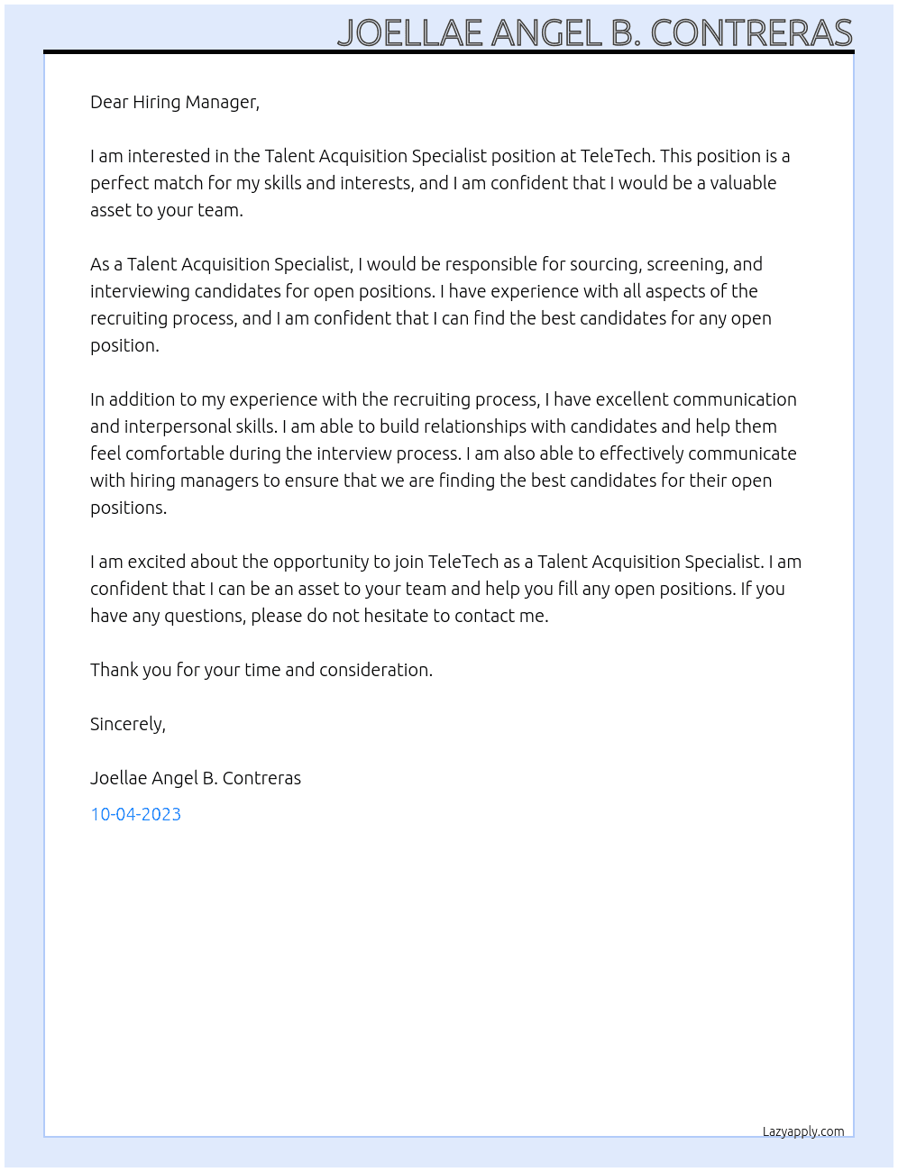 Talent Acquisition Specialist At TeleTech Cover Letter