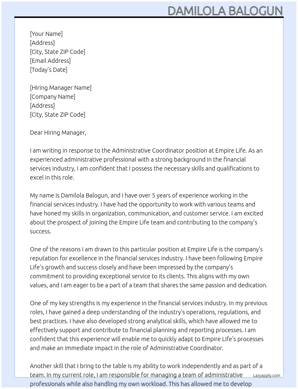 Administrative Coordinator At Empire Life Cover Letter