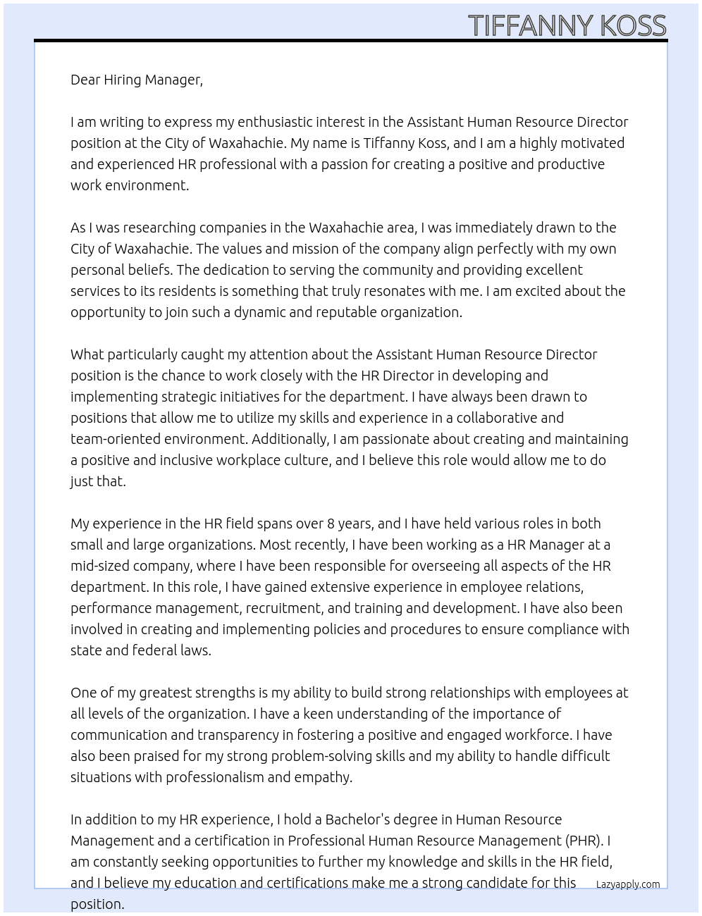 Assistant Human Resource Director At City of Waxahachie Cover Letter