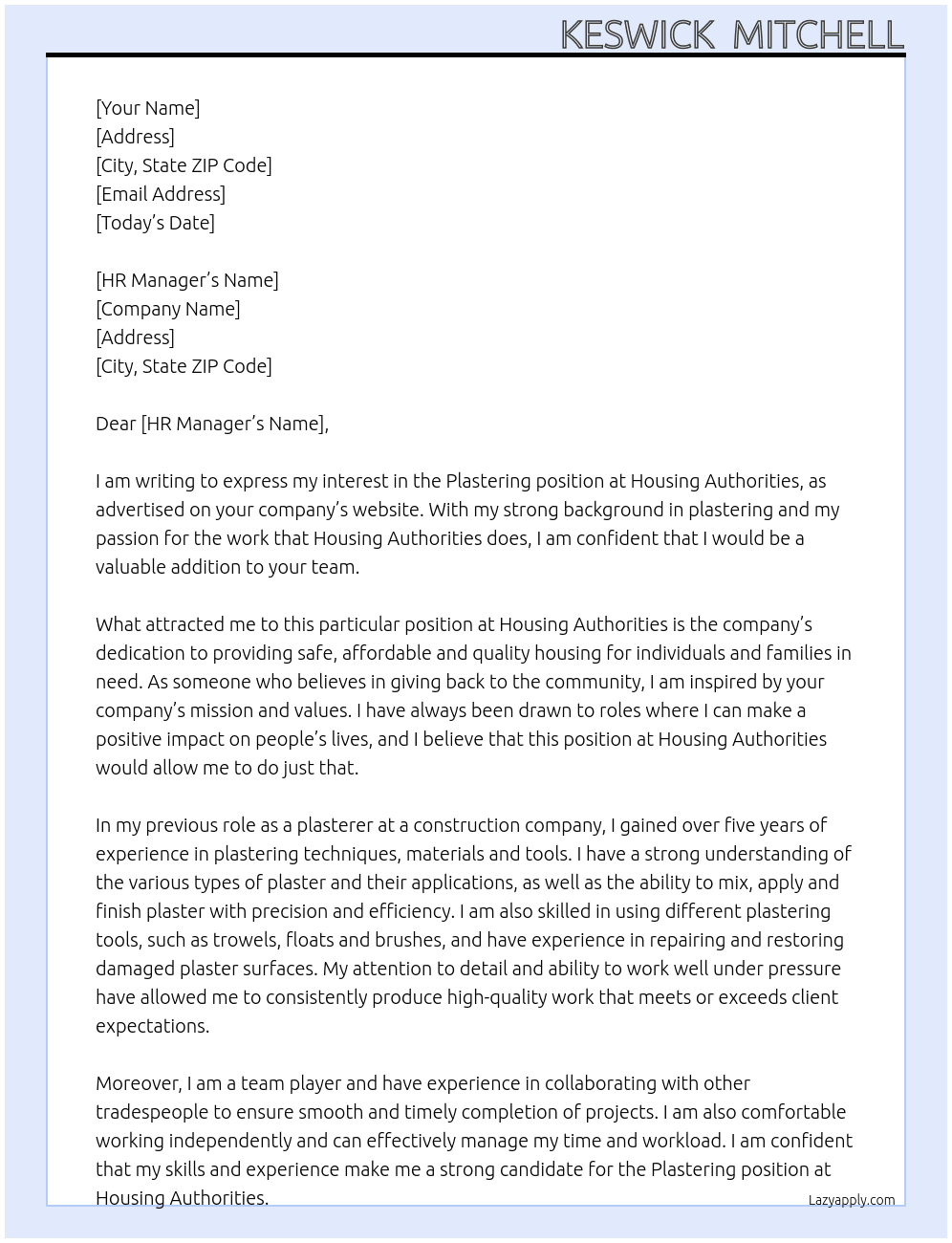 Plastering  At Housing Authorities  Cover Letter