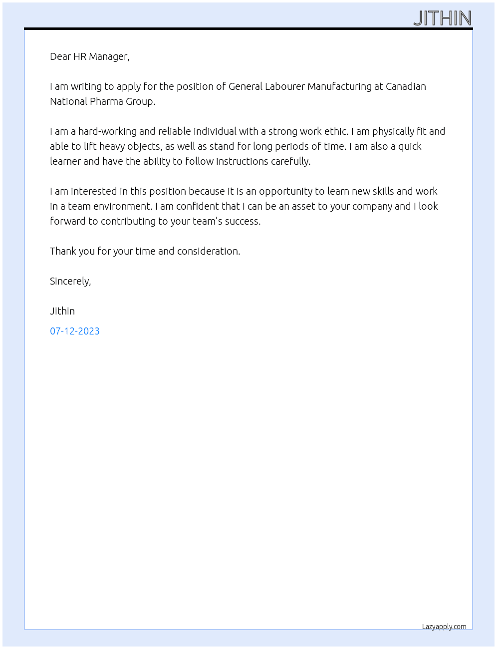 General Labourer Manufacturing  At Canadian National Pharma Group  Cover Letter