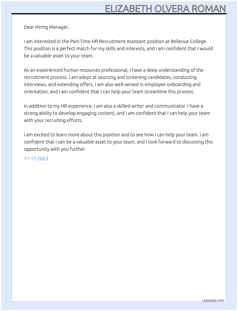 Part-Time HR Recruitment Assistant At Bellevue College  Cover Letter