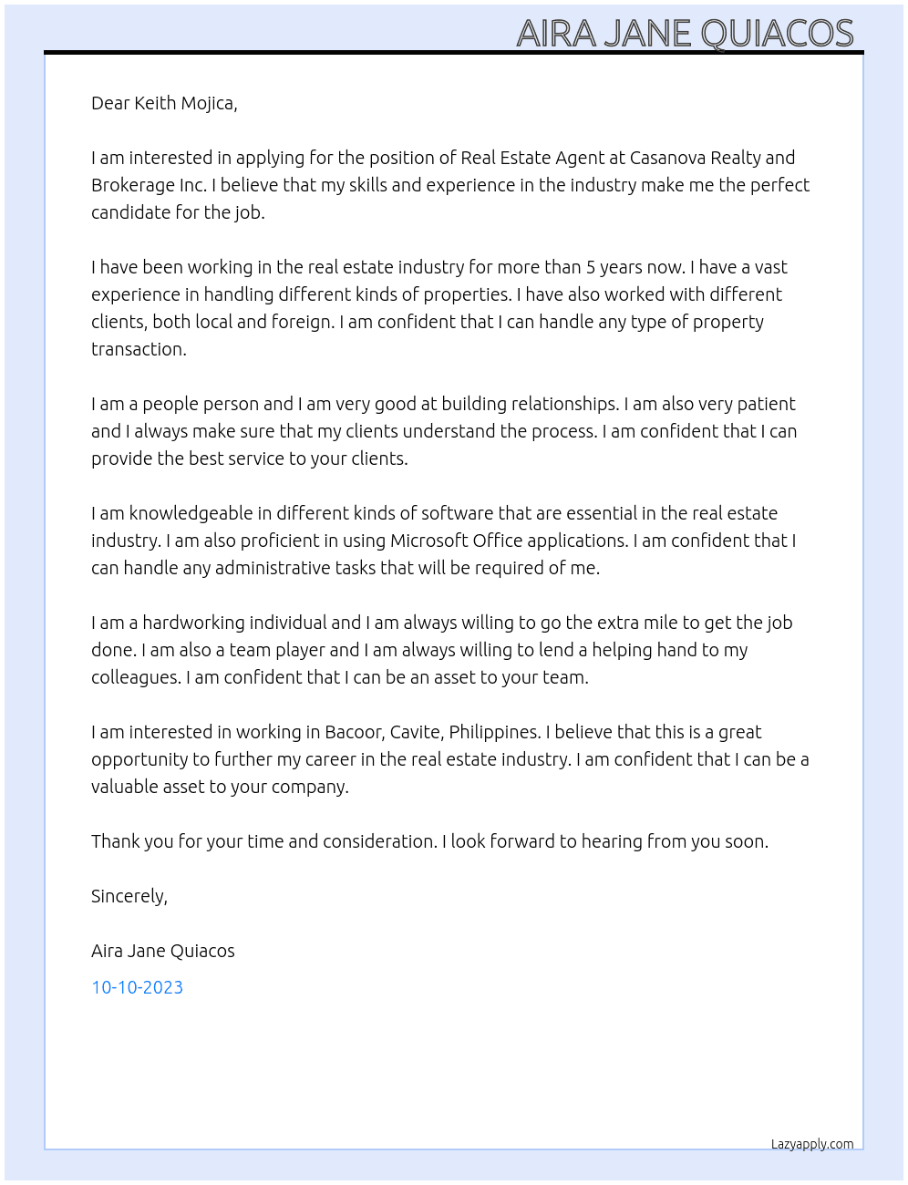Real estate agent  At Casanova Realty and Brokerage Inc. Cover Letter