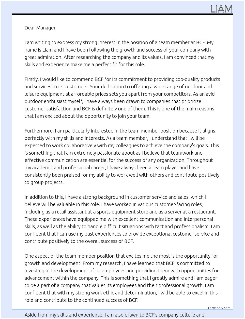 team member At bcf Cover Letter