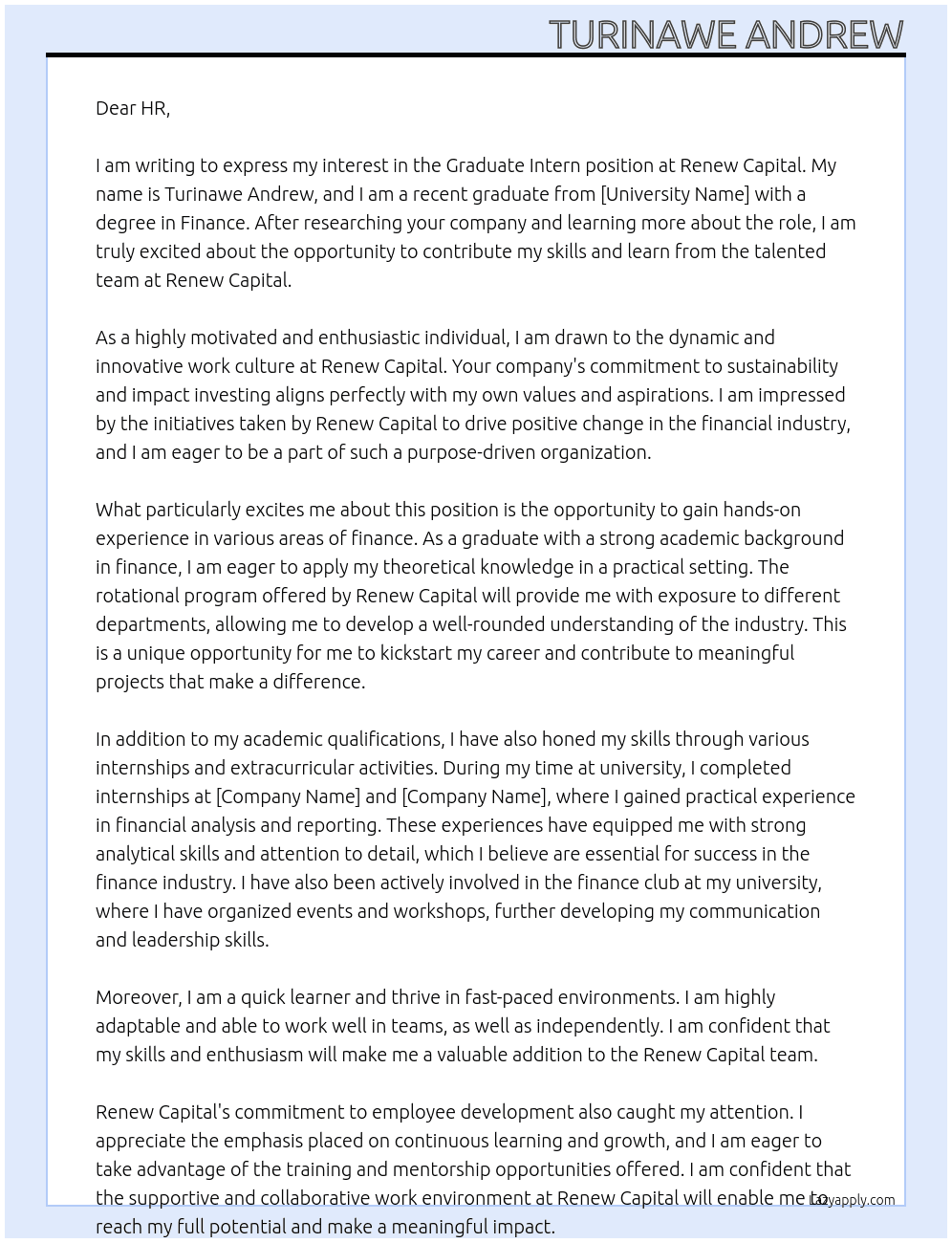 Graduate Intern At Renew Capital Cover Letter