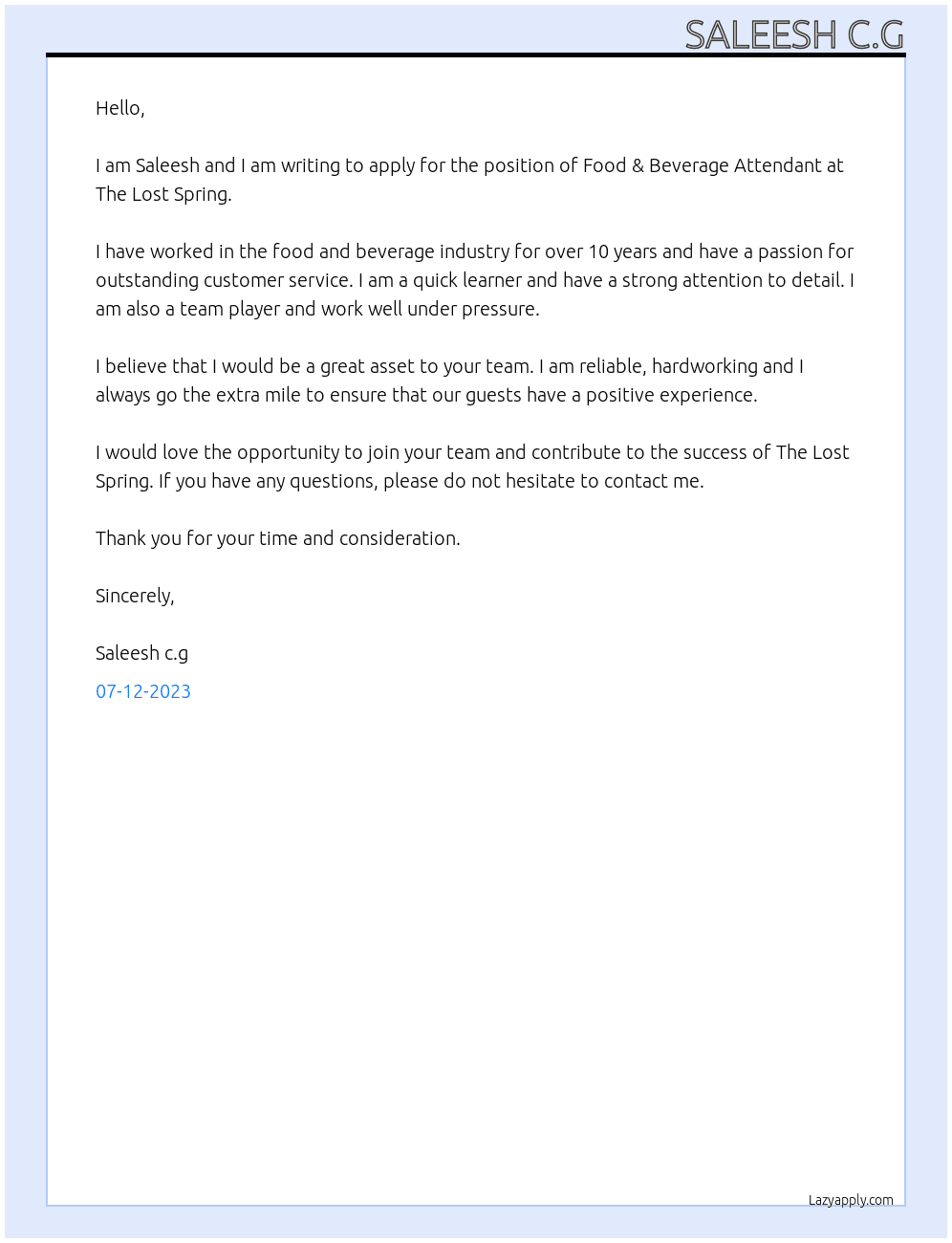 Food & Beverage Attendents At The Lost Spring Cover Letter