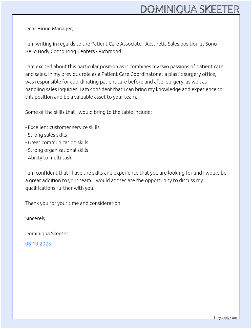 Patient Care Associate - Aesthetic Sales At Sono Bello Body Contouring Centers - Richmond Cover Letter