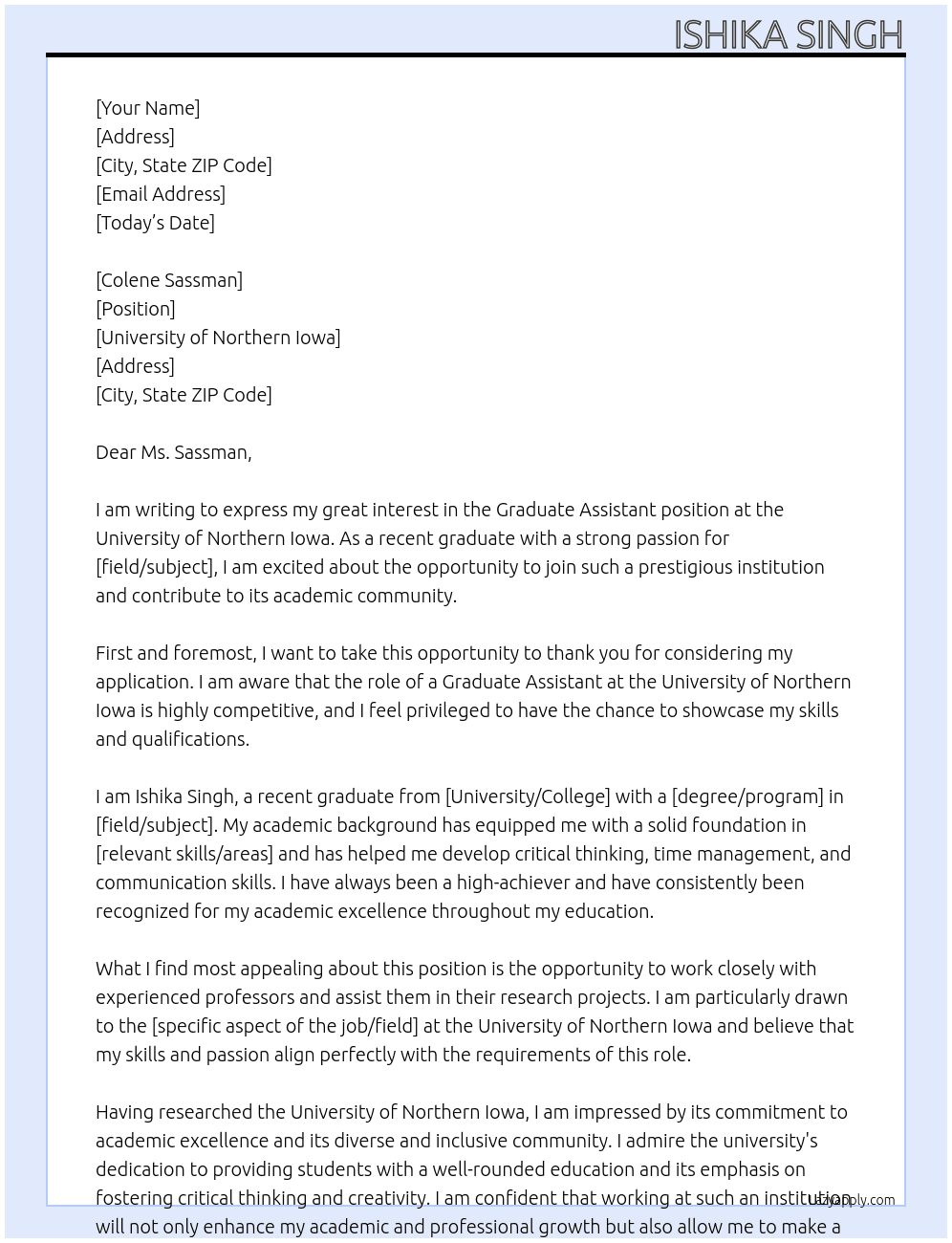 Graduate Assistant  At University of Northern Iowa  Cover Letter