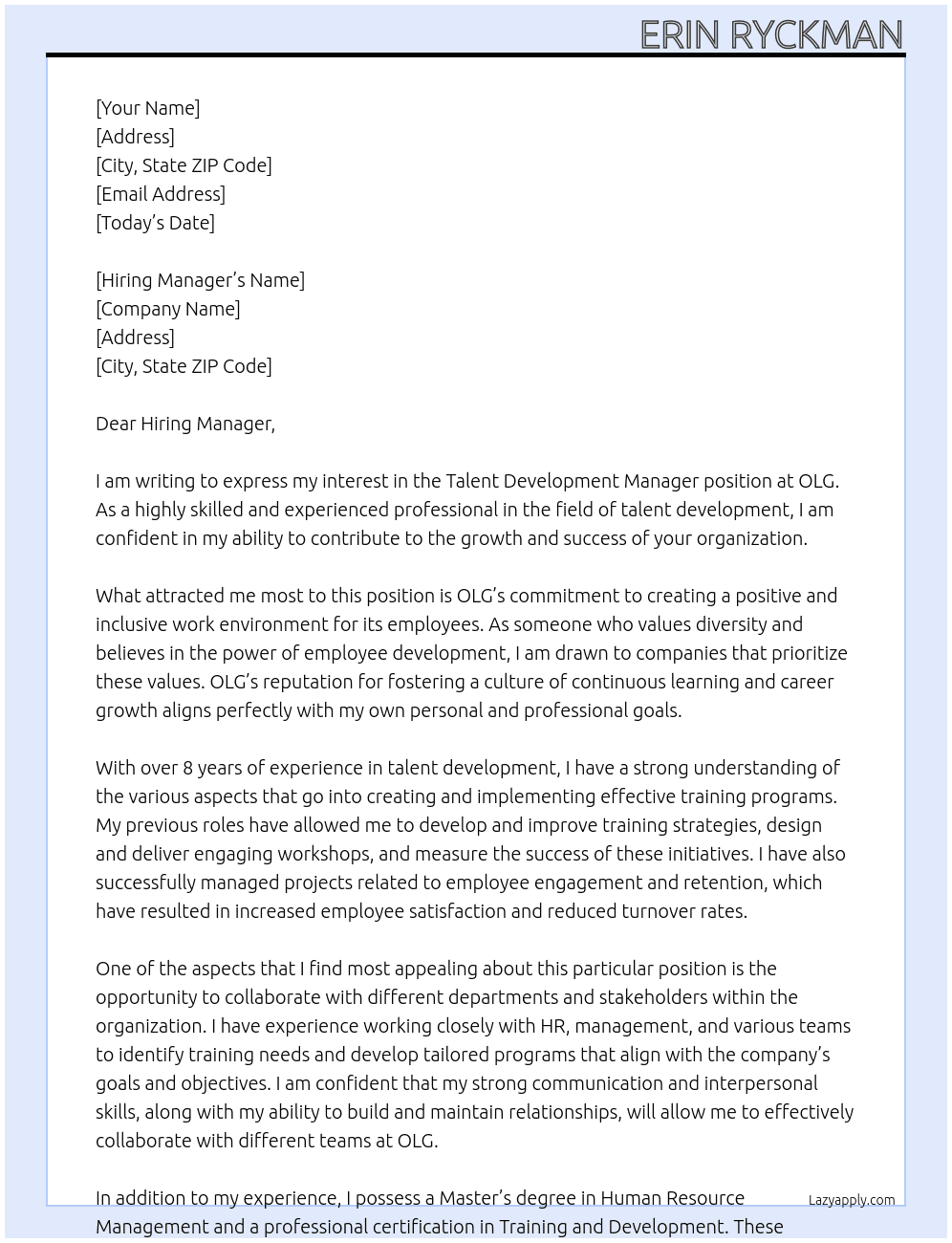 Talent Development Manager At OLG Cover Letter