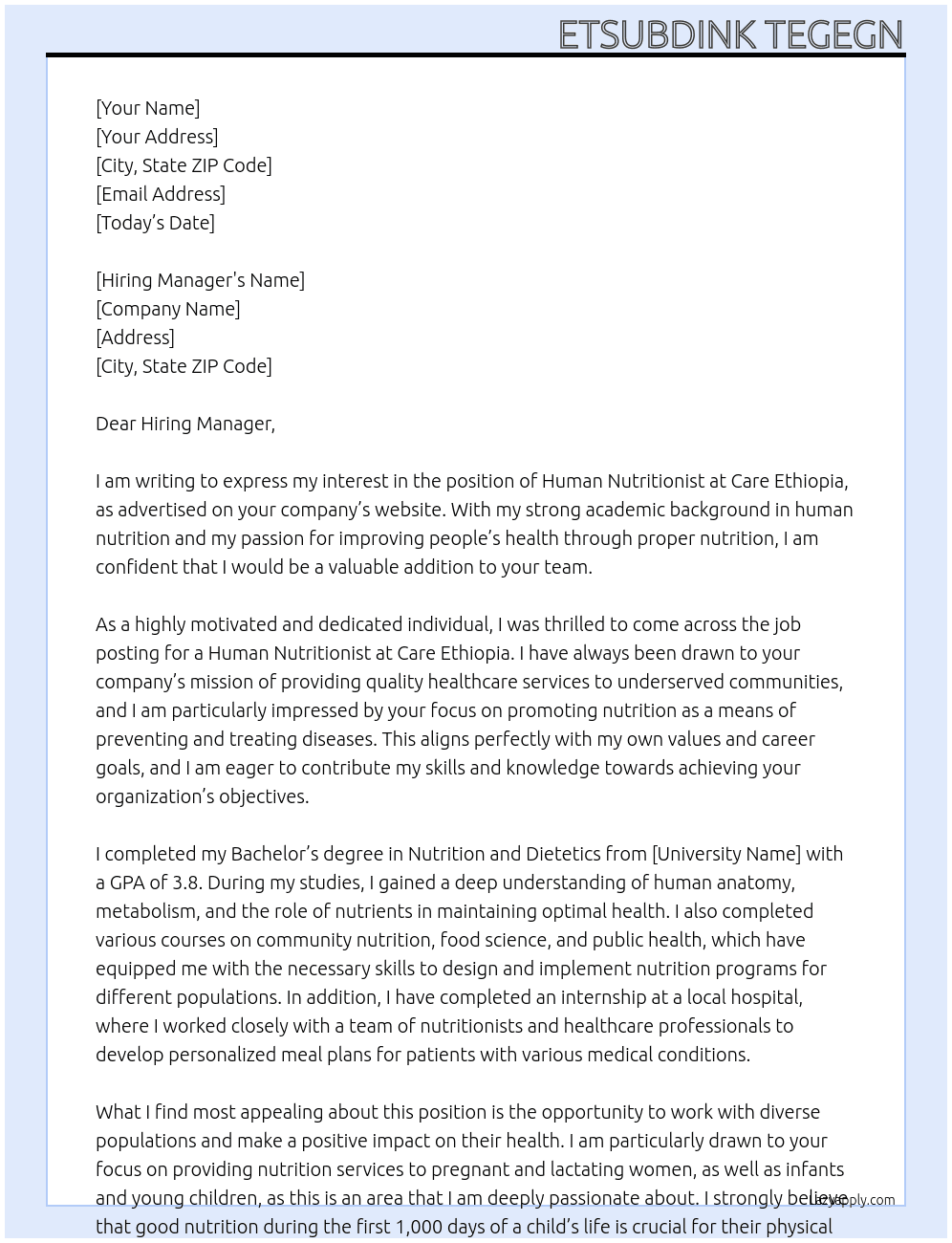 Human nutritionist  At Care Ethiopia  Cover Letter