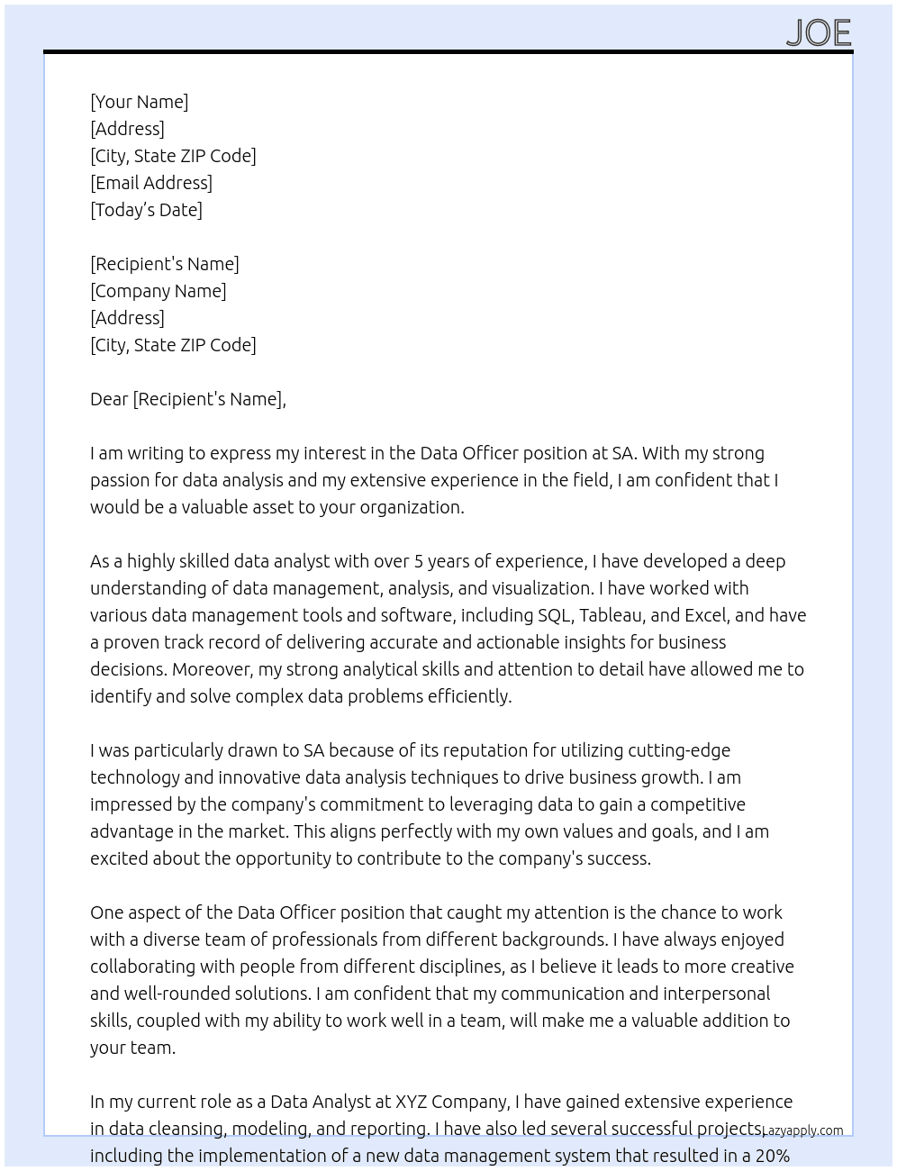 Data officer At SA Cover Letter