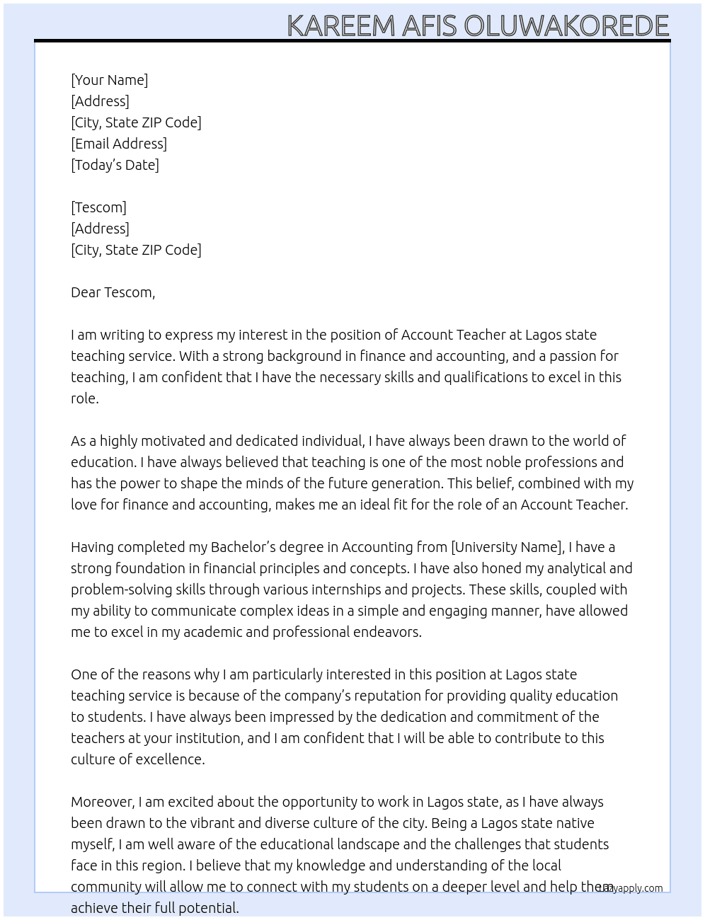 Account teacher At Lagos state teaching service Cover Letter