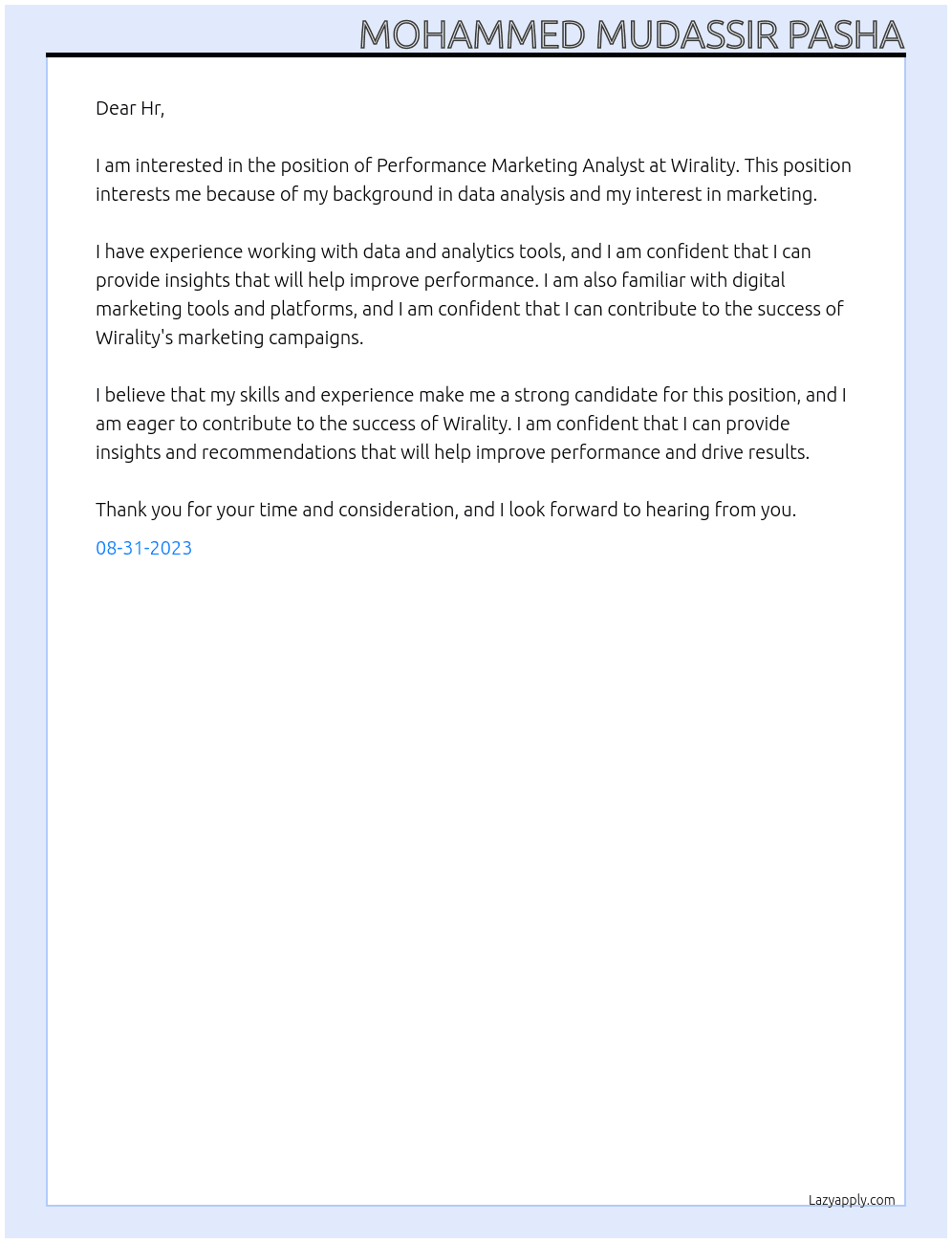 Performance Marketing Analyst  At Wirality Cover Letter