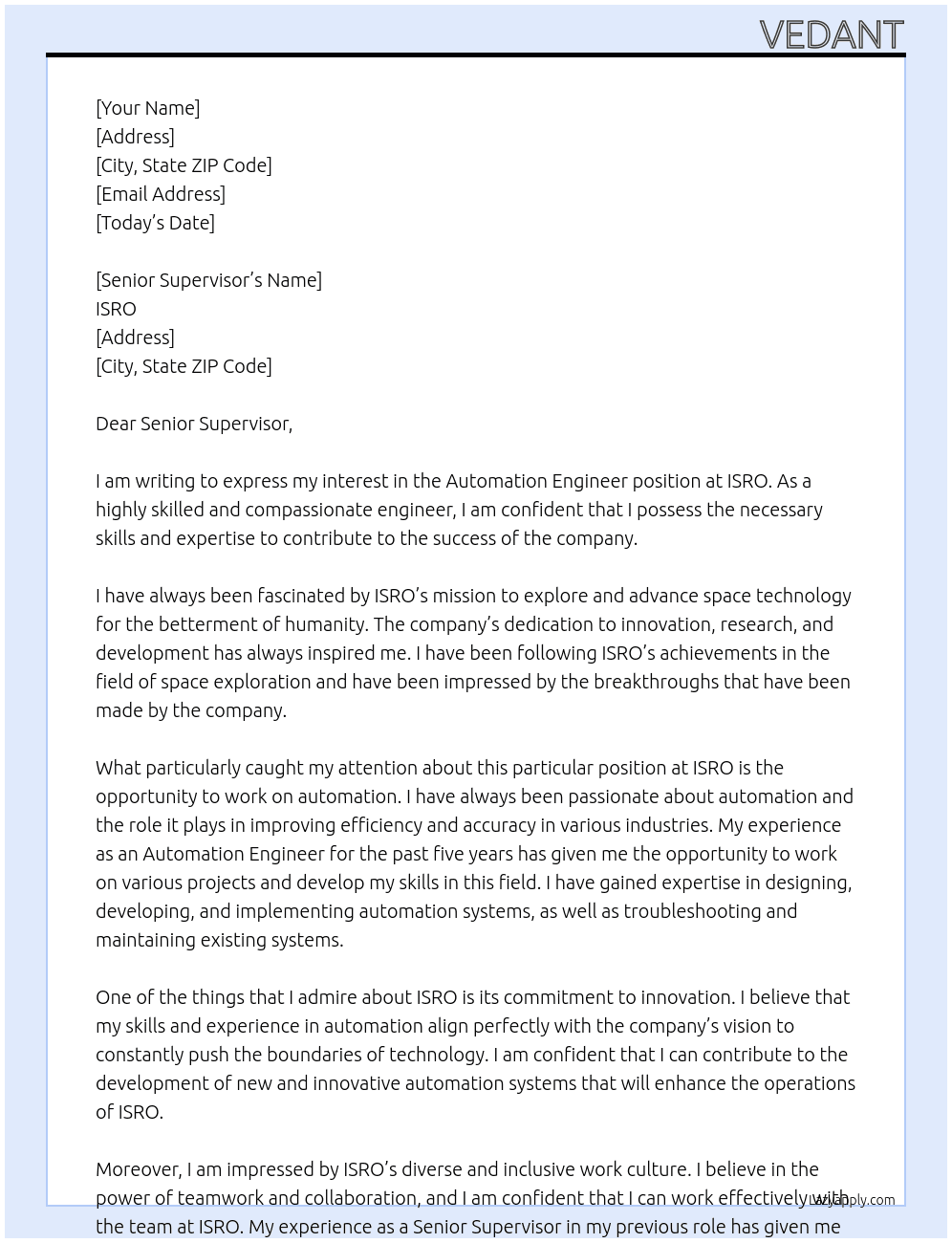 Automation Engineer At ISRO Cover Letter