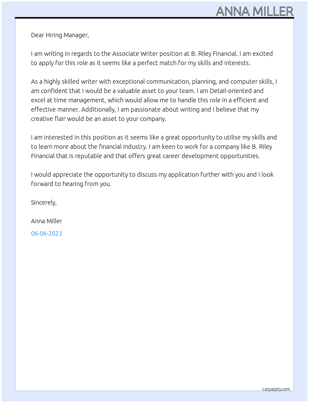 Associate Writer At B. Riley Financial Cover Letter