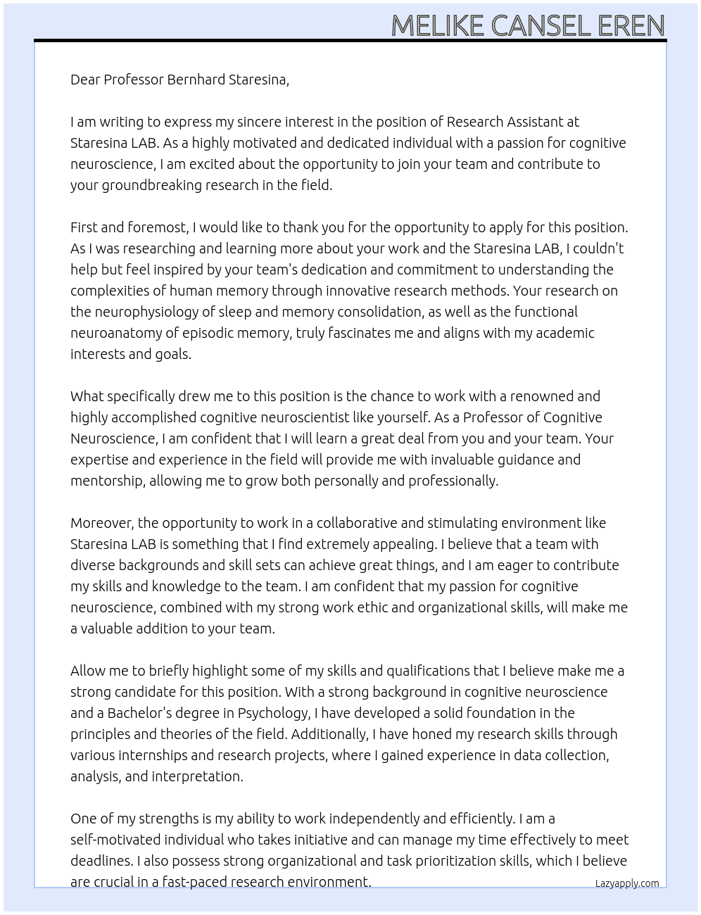 research assistant  At  Staresina LAB Cover Letter
