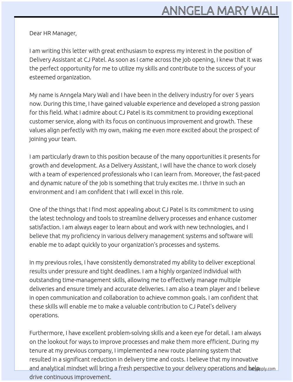 Delivery Asssitant At cj patel Cover Letter