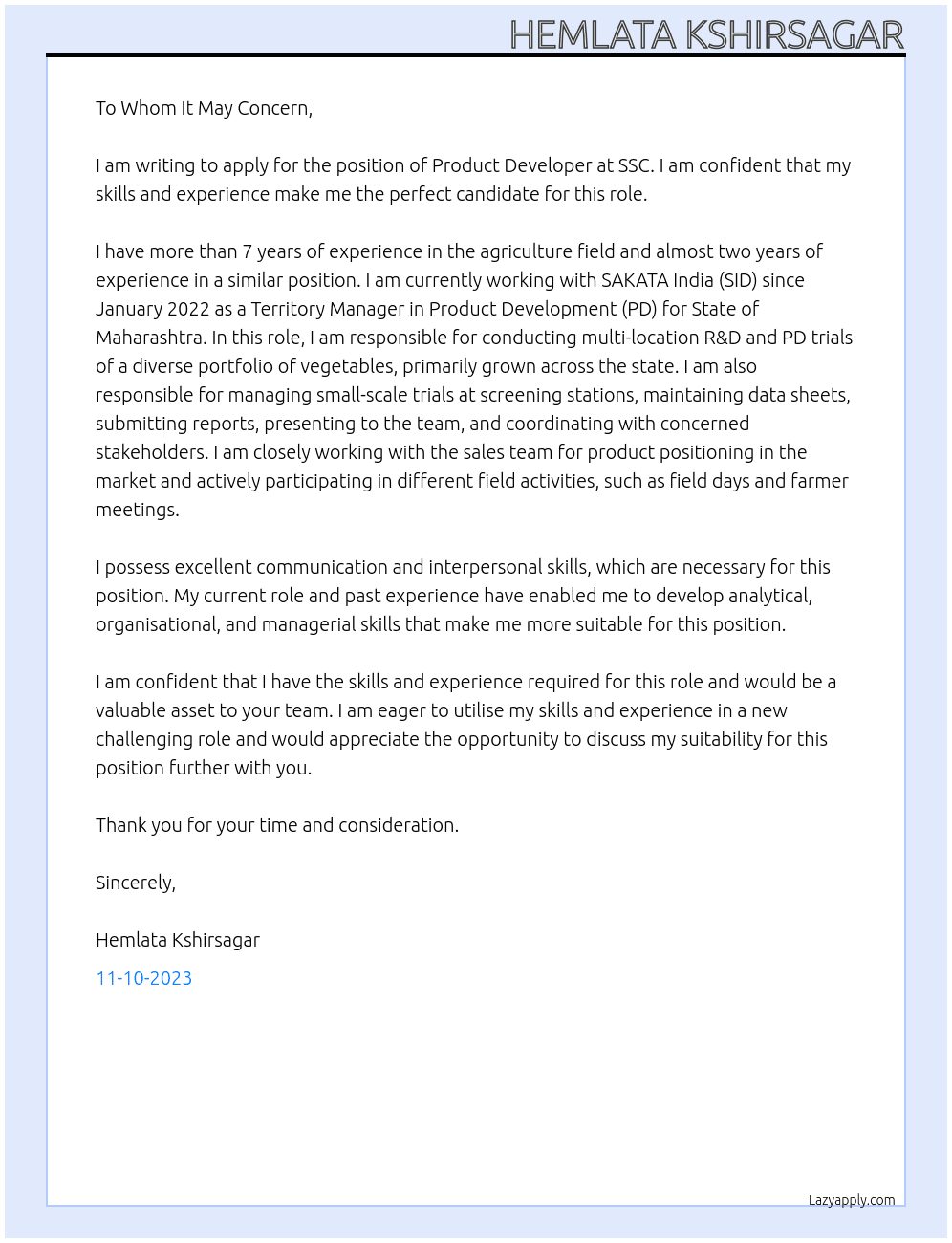 Product Developer At SSC Cover Letter