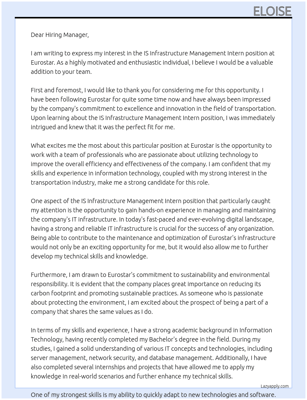IS Infrastructure Management Intern At Eurostar Cover Letter