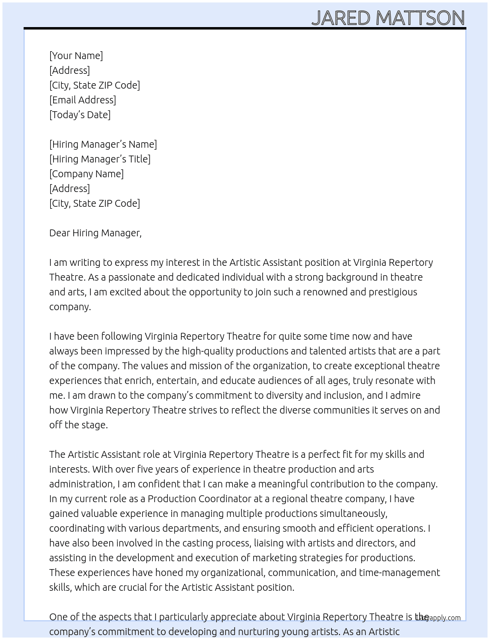 Artistic Assistant At Virginia Repertory Theatre Cover Letter