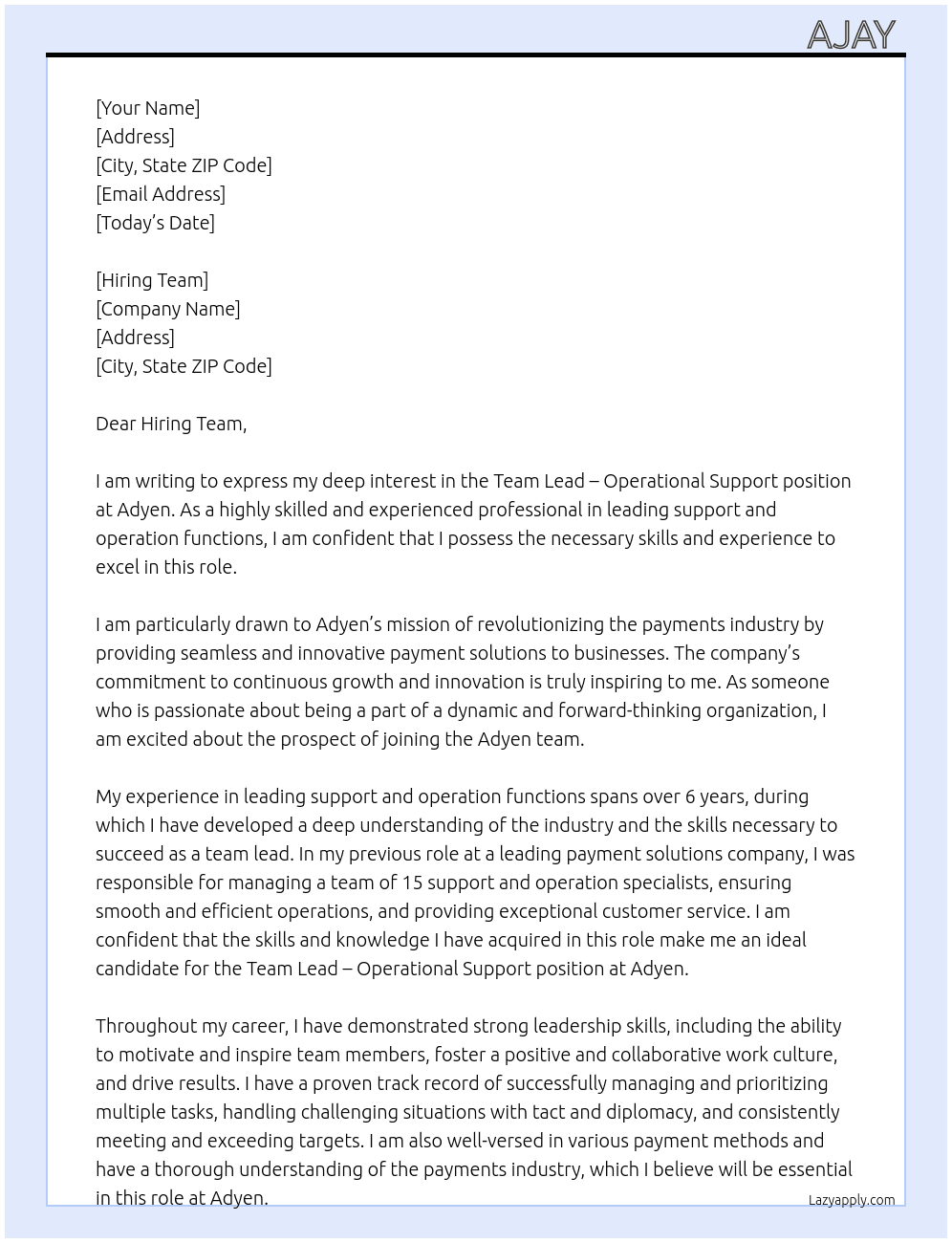 Team Lead - Operational Support At  Adyen Cover Letter